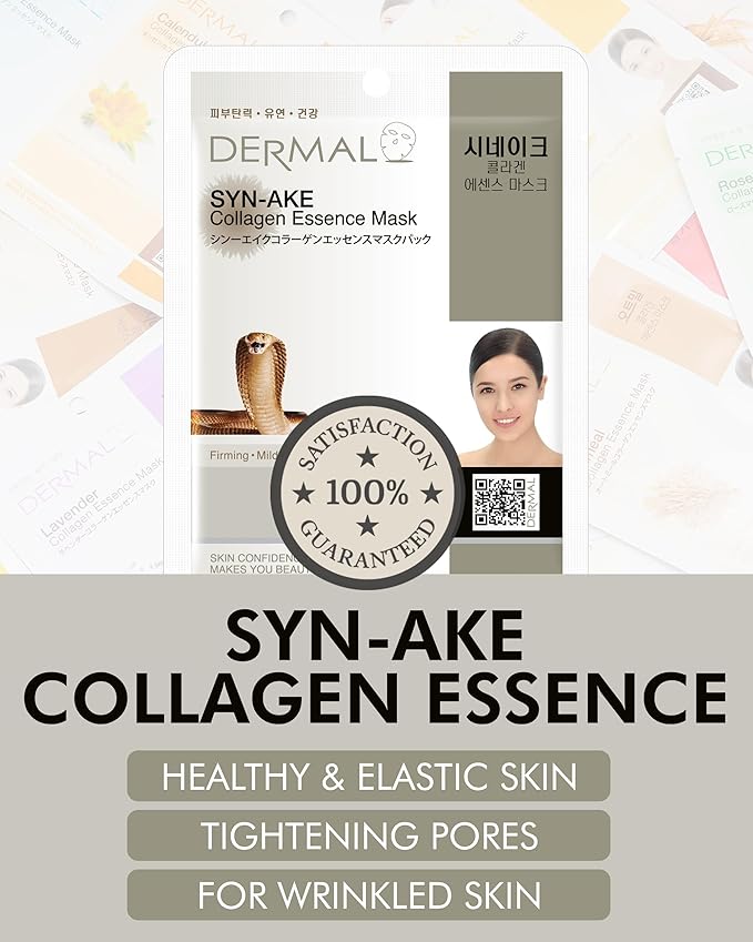 DERMAL Syn-Ake Collagen Essence Facial Mask Sheet 23g Pack of 10 - Peptide Contained, Anti Aging & Anti Wrinkle, Daily Skin Treatment Solution Sheet Mask