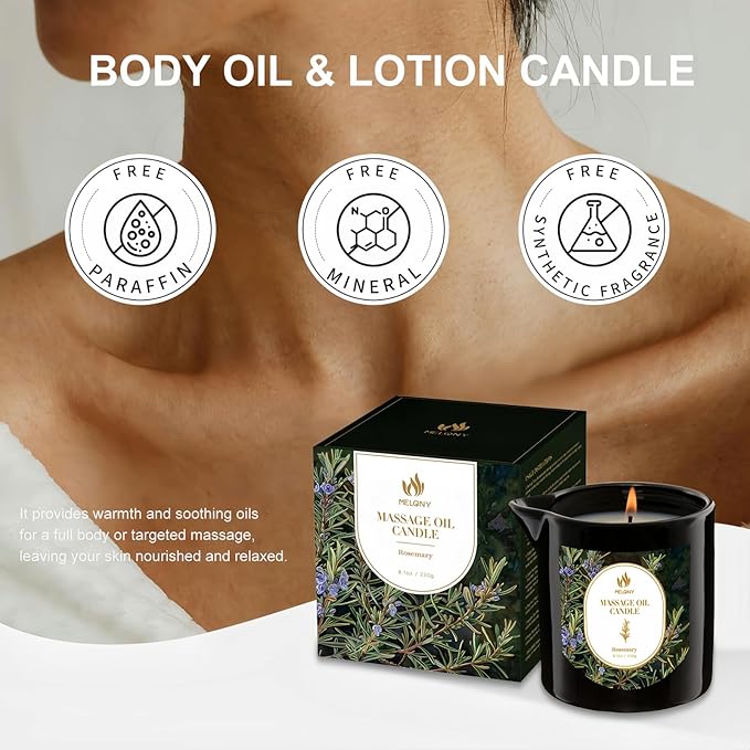 MELONY Aromatherapy Massage Oil Candle, Essential Oil Candle Lotion, 8.1OZ/230g, Home Spa with Luxurious Body Oil Candle, Intensive Skin Treatment Candle, Low Temp Body Safe Wax (Rosemary)