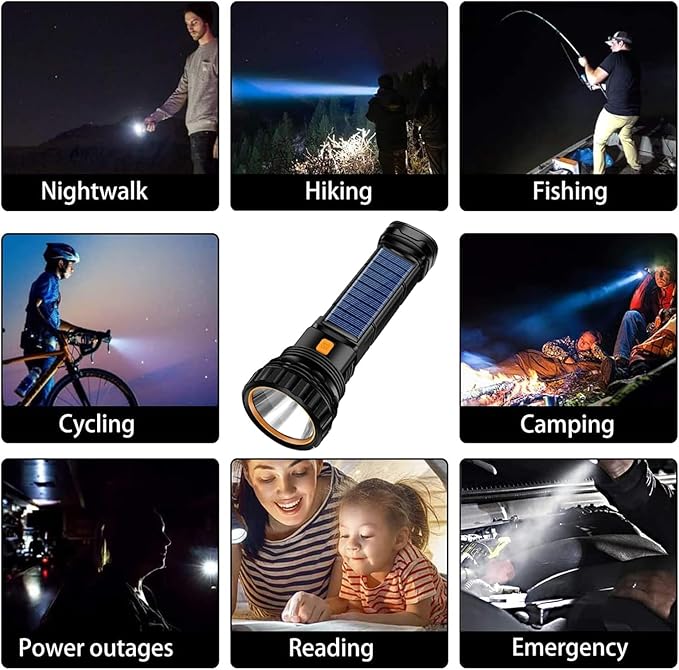 6PCS Solar/Rechargeable Multi Function 1000 Lumens LED Flashlight, with Emergency Strobe Light and 1200 Mah Battery, Emergency Power Supply and USB Charging Cable, Fast Charging