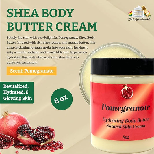 Ultra-Soft Shea Body Butter, Dry Skin Cream for Radiant Moisturized Skin, Natural Hydrating Body Lotion with Aloe Vera, Argan Oil, Rosehip Oil, (Pomegranate, 8oz)