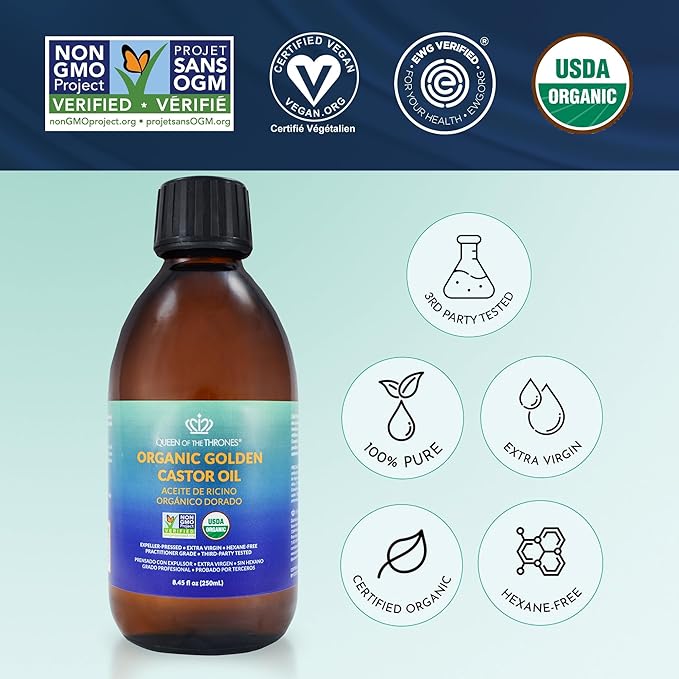 QUEEN OF THE THRONES Organic Golden Castor Oil | 100% Pure for Hair, Skin, Nails, Brows & Lashes | Hexane-Free | USDA Certified [8.4oz (250ml)]