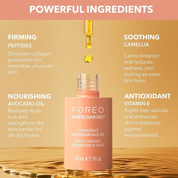 FOREO SUPERCHARGED Overnight Skin Repair Face Oil - Organic Vitamin E Oil with Avocado & Camellia Oil - Nourishing Facial Oil for Radiant, Smooth Skin - Vegan & Cruelty-Free - 1 fl. Oz
