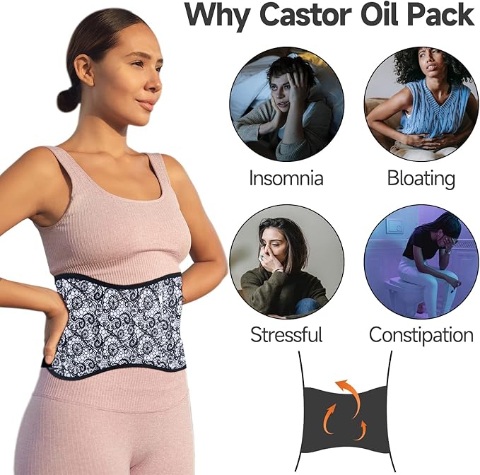 Langsprit Castor Oil Pack Castor Oil Pack Wrap, Organic Castor Oil Packs for Liver Detox, Inflammation, Reusable Castor Oil Pack Compress Castor Oil Packs kit Black Lace L