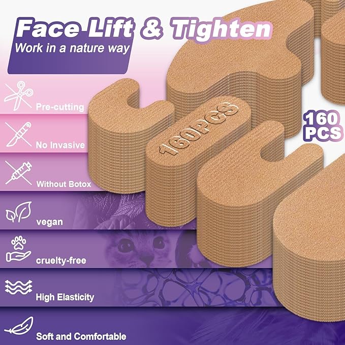 Wrinkle Patches, 160 PCS Face Tape, Pre Cut Kinesiology Full Face Tape for Wrinkles, V Line, Forehead, 11's, Frown, Eye, Lip - Neck Wrinkle Pads, Overnight Used High Elastic Facial Tape