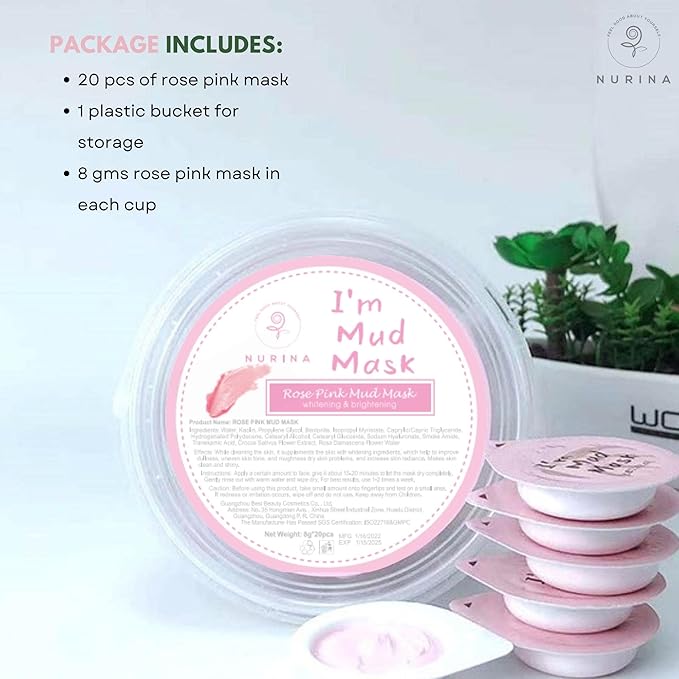 NURINA Pink Rose Clay Masks for Face Hydrating Anti-Aging Face Masks - Single Use Mud Mask – 20pcs/Bucket (ROSE PINK MUD MASK)