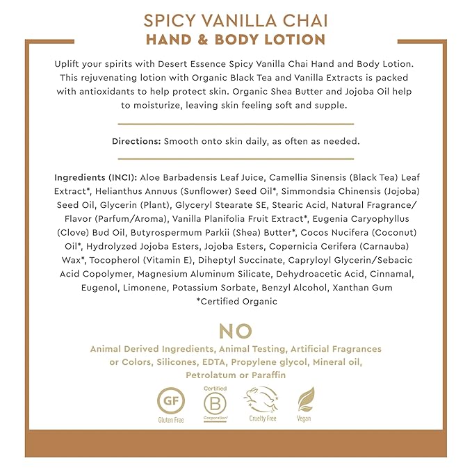 Desert Essence Spicy Vanilla Chai Hand & Body Lotion, Uplifting, Smoothes & Softens Skin, No Greasy Residue, Aloe Vera, Shea Butter, Vitamin E, 8 Fl Oz