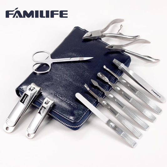 Manicure Kit, FAMILIFE Professional Manicure Set Nail Kit, 11 in 1 Stainless Steel Nail Clippers Set for Men Pedicure Kit, Men Grooming Kit with Portable Blue Leather Travel Case Luxury Gifts for Him