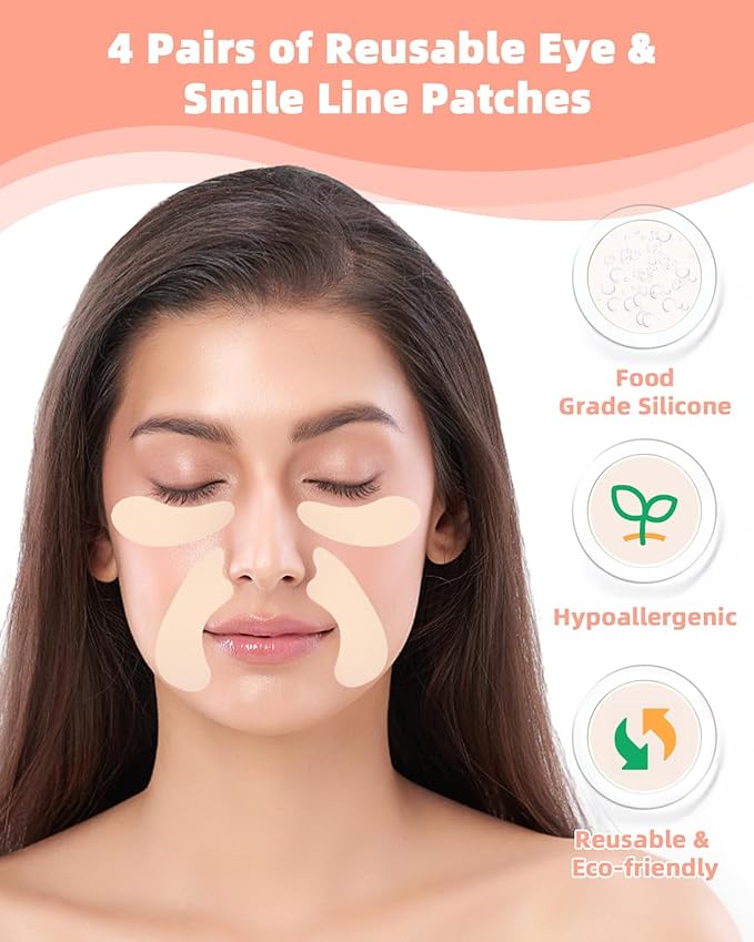 Reusable Eye and Smile Line Patches - 4 Pairs Silicone Under Eye Patches and Nasolabial Folds Patches, Reusable Eye Mask, Silicone Wrinkle Patches for Eye Lines & Smile Lines Treatment, No Adhesive