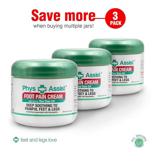 PhysAssist Soothing Foot Cream to Feet and Legs (Three - 4 oz jars) Soothing to feet and Legs.