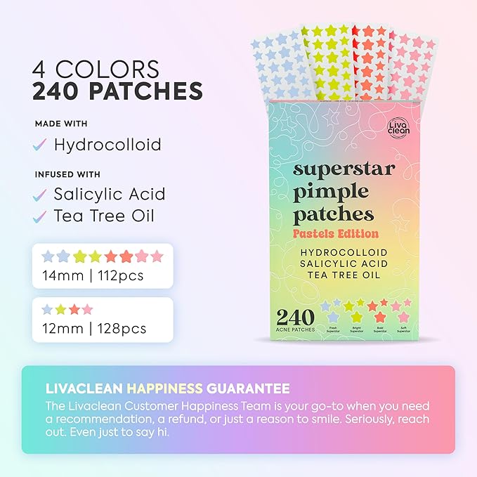 LivaClean 240 CT Cute Pimple Patches for Face w/Salicylic Acid & Tea Tree, Hydrocolloid Acne Patches Cute Star Pimple Patch for Healing, Adorable Face Stickers, Zit Patch