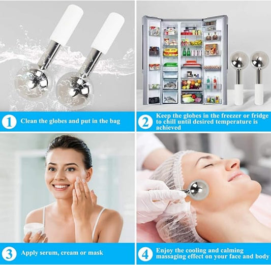 Facial Ice Globes and Roller, Cooling Massager for Face, Eyes and Neck, Cryotherapy Treatment for Puffiness, Dark Circles and Wrinkles (Gold)