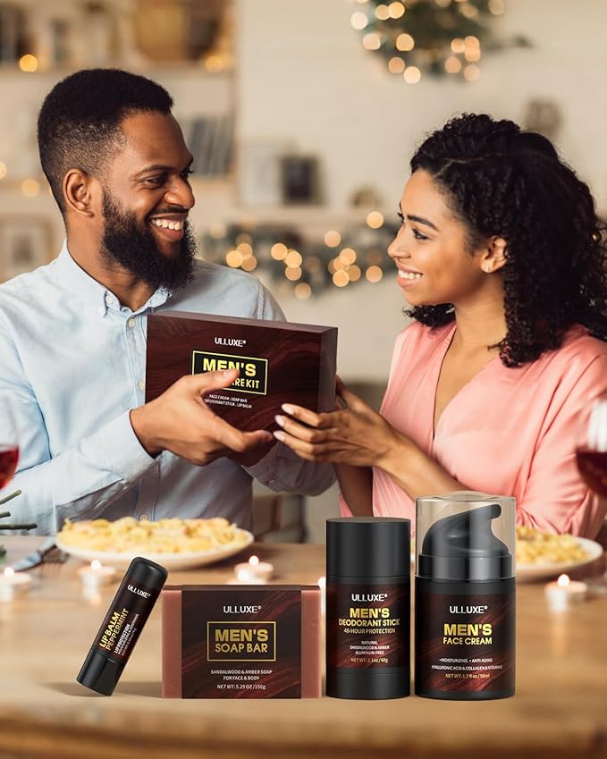Skin Care Kit for Men, Fathers Day Gifts, Birthday Gift for Husband, Dad, Mens Skincare Set with Face Cream, Lip Balm, Deodorant Stick & Bath Soap, Facial Skincare, Lip Care & Body Care for Him
