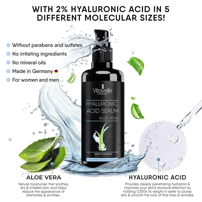 Hyaluronic Acid Serum with Aloe Vera – Anti Aging Aloe Hyaluronic Acid Face Serum – Postbiotic Hyaluronic Acid Moisturizer and Hydrating Serum – No Parabens or Irritants – Skin Serum by Vitavelle