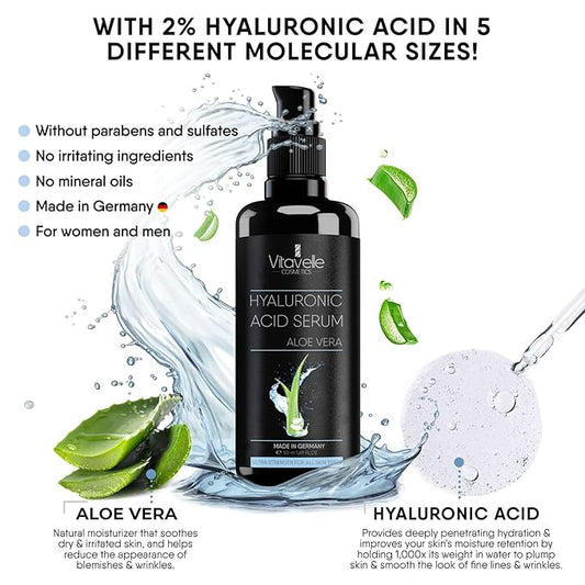 Hyaluronic Acid Serum with Aloe Vera – Anti Aging Aloe Hyaluronic Acid Face Serum – Postbiotic Hyaluronic Acid Moisturizer and Hydrating Serum – No Parabens or Irritants – Skin Serum by Vitavelle