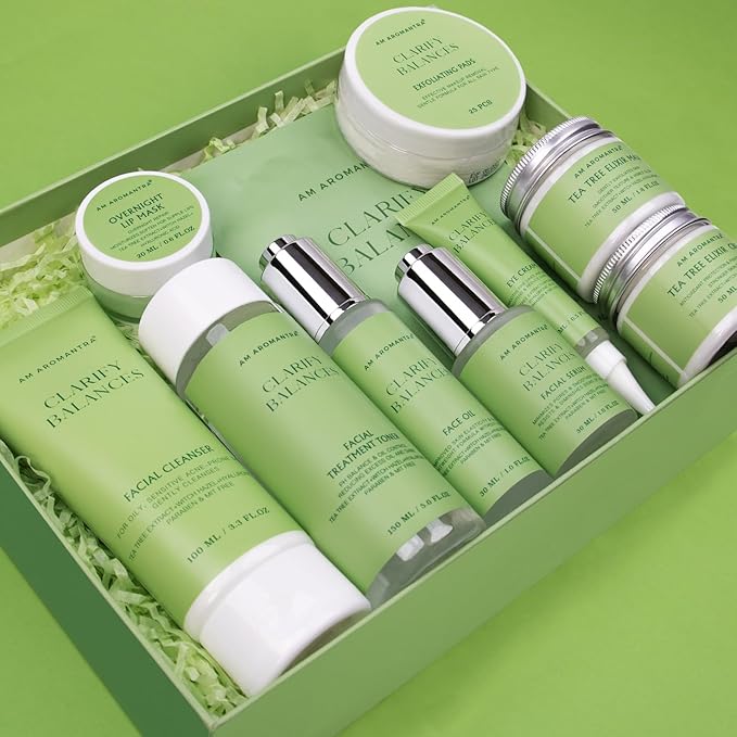 Tea Tree & Witch Hazel Extracts Skin Care Set with Hyaluronic Acid - Deep Cleanse, Balance Oils, Hydrating & Soothing Face Serum, Toner & Moisturizer - 10-Piece Kit Suitable for All Skin Types