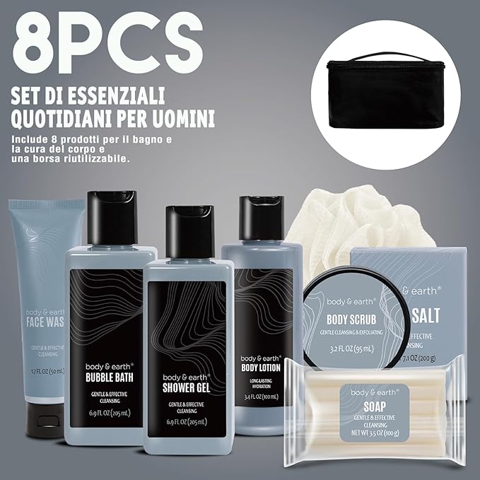 Gift Baskets for Men Bath Set Body & Earth Leathers Mens Body Wash Set with Body Lotion, Face Wash, Shower Gel, Bubble Bath, Loofah, Regalos Para Hombre, Birthday Fathers Day Gifts