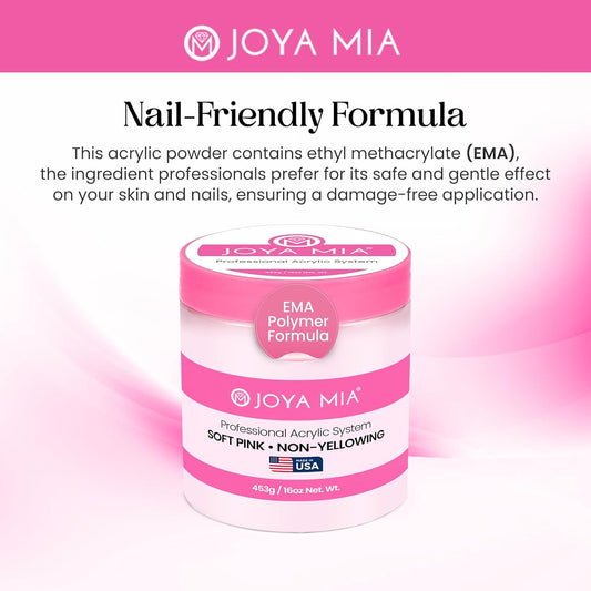 Joya Mia Acrylic Powder for Nails, MMA-Free, Super Adhesion Professional Powder for Flawless & Long-Lasting Nail Enhancements, Easy Application, Vibrant & Stunning Colors - Soft Pink, 16 oz