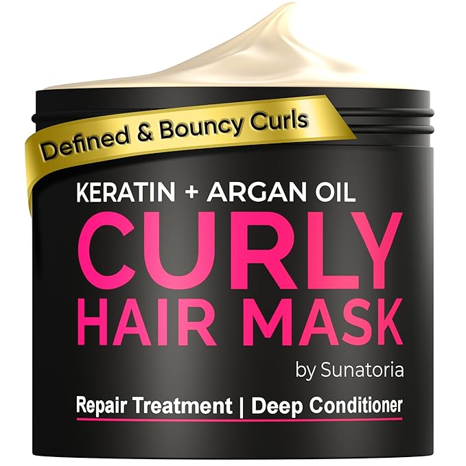 SUNATORIA Curly Hair Mask - Deep Conditioner for Curly Hair - Natural Argan & Keratin Hair Treatment Mask - 8.5 Fl Oz - Repair, Hydrate, Moisturize Dry, Damaged, Wavy & Frizzy Hair