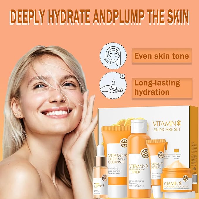 Vitamin C Skincare Set, 5Pcs Skin Care Sets for Women, Facial Kit, Vitamin C Face Skin Care Kit With Cleanser, Toner, Face Serum, Eye Cream, Cream, Long-Lasting Moisturizing Skincare Set