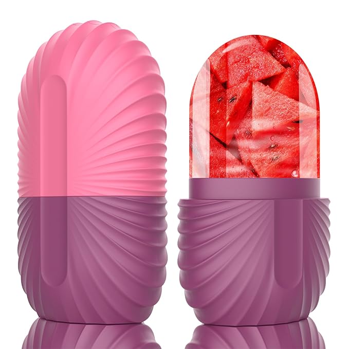 Ice Face Roller, Silicone Facial Ice Roller, Reusable Skin Care Massager Tools for Relieve Puffiness, Tighten Skin, Shrink Pores Shell Rose Red