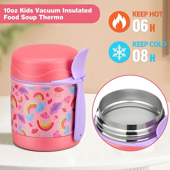10oz Soup Thermo for Hot Food Kids Insulated Food Jar,Thermo Hot Food Lunch Container, Width Mouth Stainless Steel Lunch Box for Kids with Spoon (Pink-rainbow)