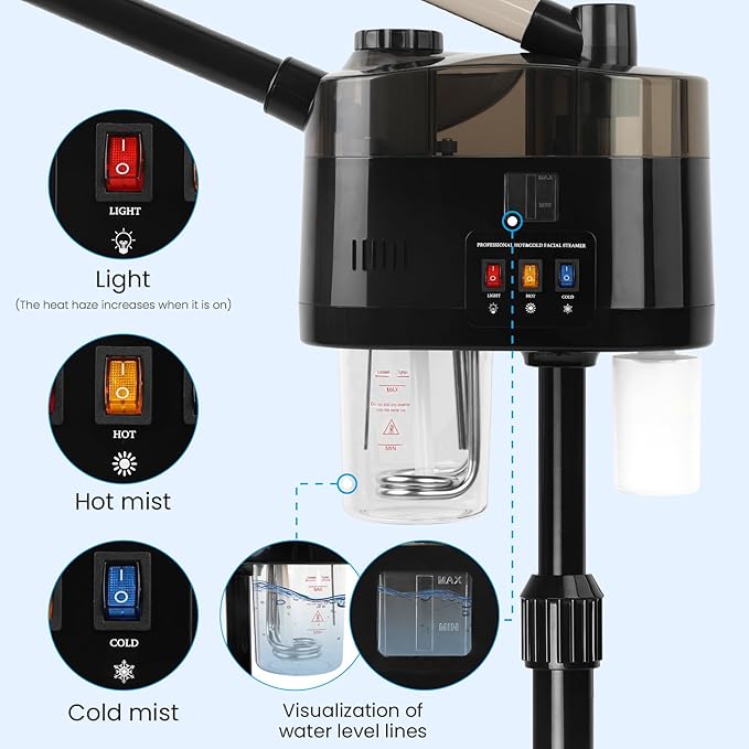 Professional Facial Steamer with Ozone, Hot&Cold Mist Facial Steamer, Facial Humidifier on Wheels, Esthetician Steamer for Facial Deep Cleaning and Moisturize, Suitable for Spa, Salon and at Home Use