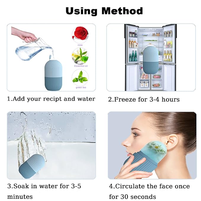 Ice Face Roller, Reusable Silicone Mold Face Massage Eye Facial Beauty Skin Care Tools Apply Ice for Shrink Pores Anti Wrinkle Reduce Puffiness Improve Skin Elasticity, Striped, Light Blue