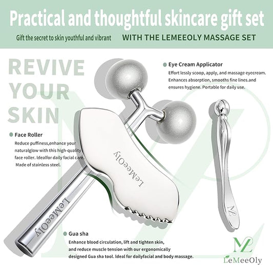 Face Roller Massager Skin & Gua Sha Facial Tools Stainless Steel, Facial Massage Skin Care for Face Neck Body, Reduce Puffiness Remove Wrinkles, Valentines Gift for Women