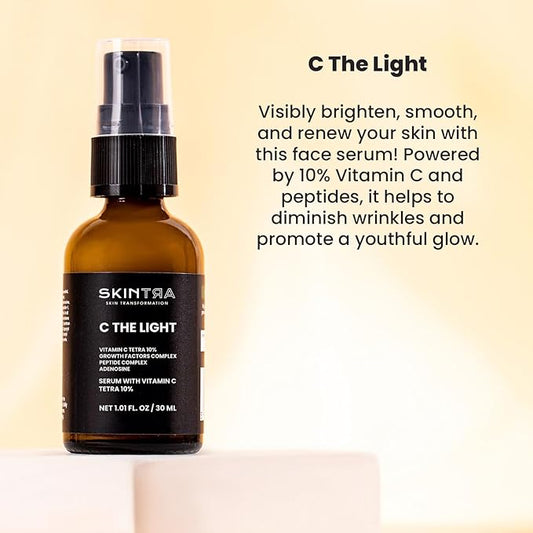 C The Light - 10% Stable Vitamin C Serum for Face, Neck, and Hands, Brightens & Firms Skin – Safe Vegan Formula Suitable for Sensitive Skin – 30 ml/Net 1.01 Fl. Oz