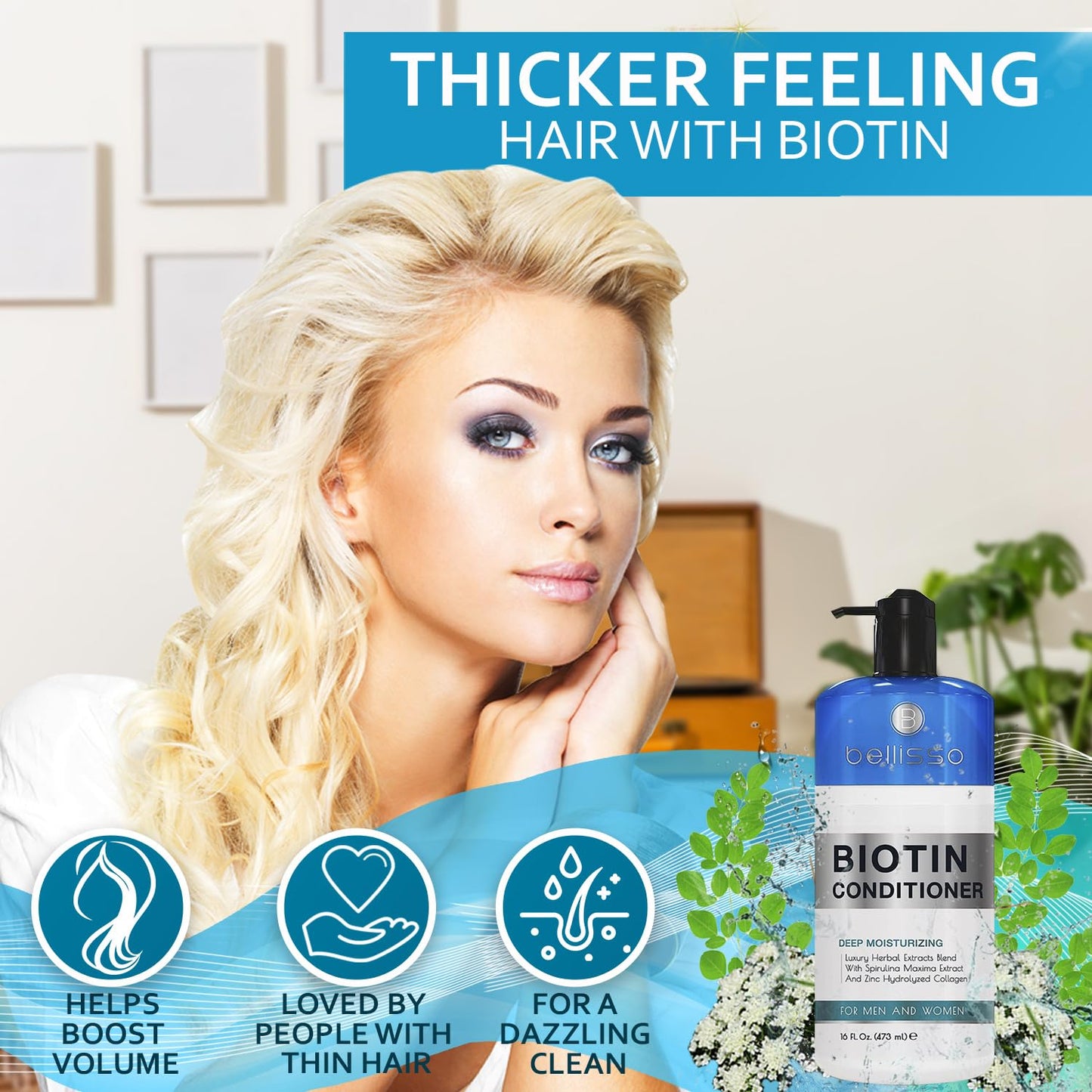 BELLISSO Biotin Conditioner - Sulfate Free Hair Thickening Products for Women and Men - Deep Conditioning Treatment for Dry Damaged Strands