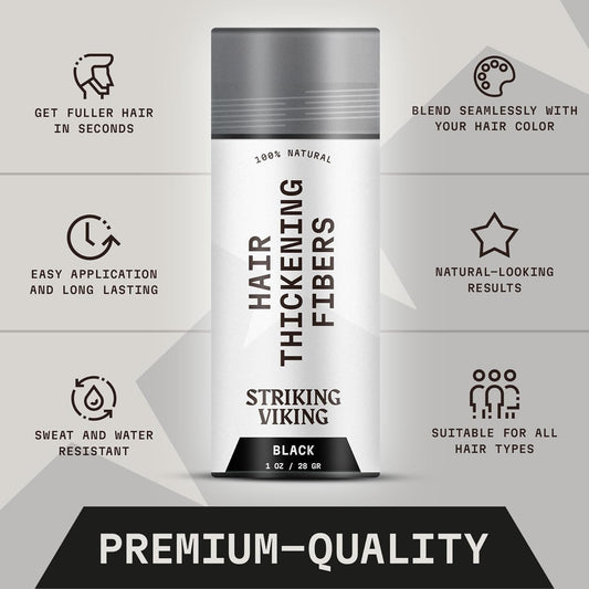 Striking Viking Hair Building Fibers - 28g, Black - Fuller Look Thinning Hair Fibers - Bald Spot Concealer & Barber Enhancement - Clump-Proof Powder & Hold Spray