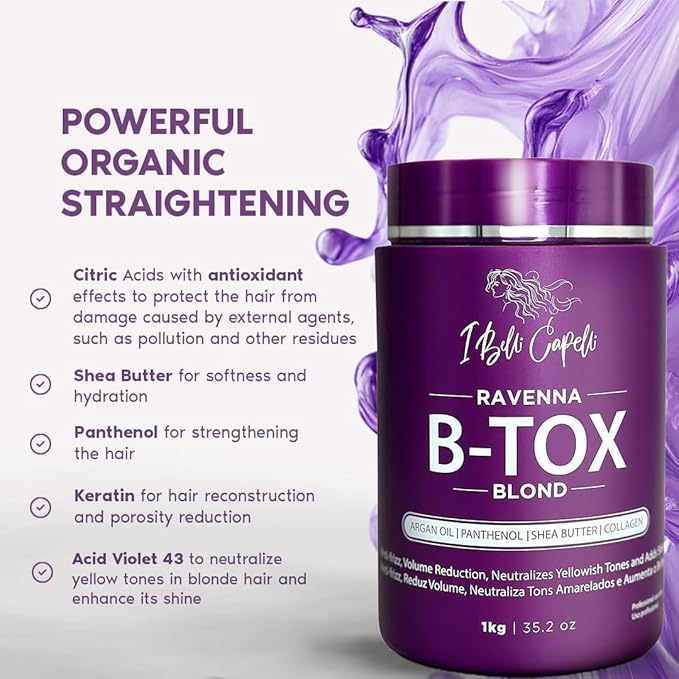 Ravenna B-tox Blond Kit - Hair B-tox Treatment (1 Kg/35.2 Fl Oz) Formaldehyde-Free + Hair Mask for Damaged Hair (1,5 Kg/ 52.9 fl oz) - Straightening, Intense Shine & Moisture for Blondes
