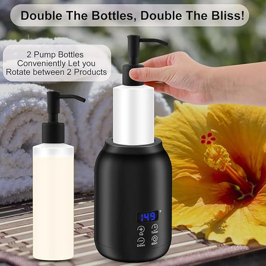 Massage Oil Heater Warmer,with ℃/℉ Switchable Display, Two Oil Dispenser Bottle，Constant Temperature,Body Oils Heater for Spa, Salon and Barber Shops,Black