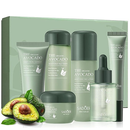 6pcs Avocado Skincare Kit, Skin Care Gift Set with Facial Cleanser, Toner, Lotion, Face Serum, Face Cream, Eye Cream For Hydrating Skin, Anti-Aging Skin For Women Teen Girls (Large, 6, Count)
