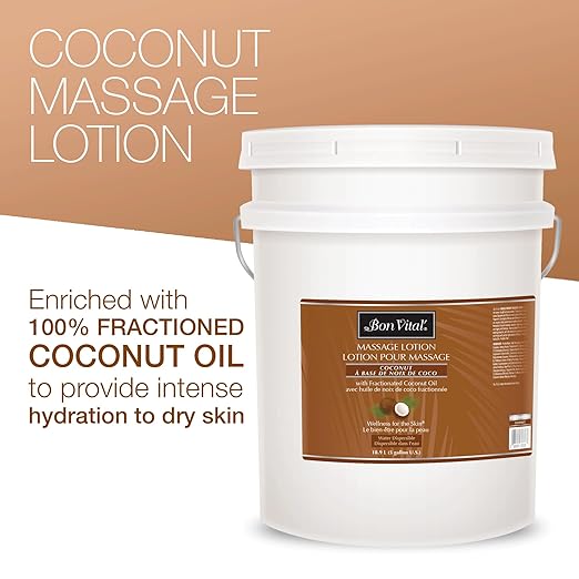 Bon Vital' Coconut Massage Lotion with 100% Pure Fractionated Coconut Oil, Lightweight Massage Lotion, Provides a Massage with Intense Skin Hydrating and Moisturizing, 5 Gal, Label may Vary