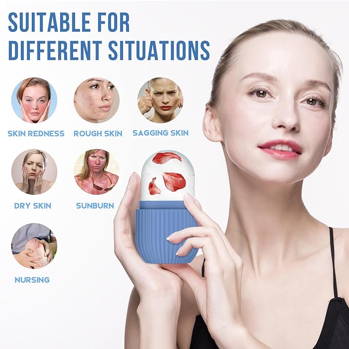 Ice Roller for Face and Eye, Silicone Ice Facial Roller Ice Holder, Face Ice Mold Skin Care, Face Icers Reusable Ice Cube Roller for Shrink Pores Anti Wrinkle Reduce Puffiness, Blue