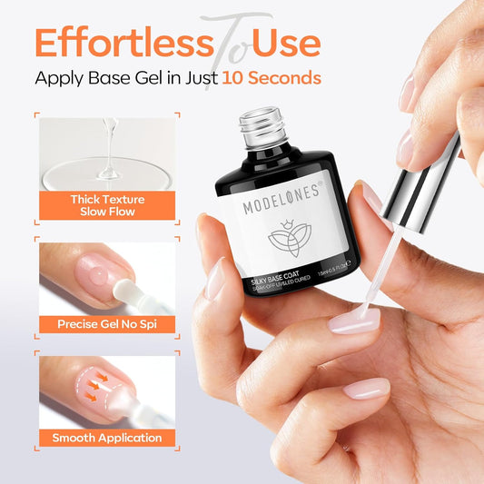 Modelones Gel Top Coat and Upgrade Silky Base, 2 Pcs 15ml Base and Top Coat Set Clear No Wipe Diamond Shine Easy Apply Gel Polish Soak Off U V LED Nail Art Home DIY Manicure Gift for Women Beginners