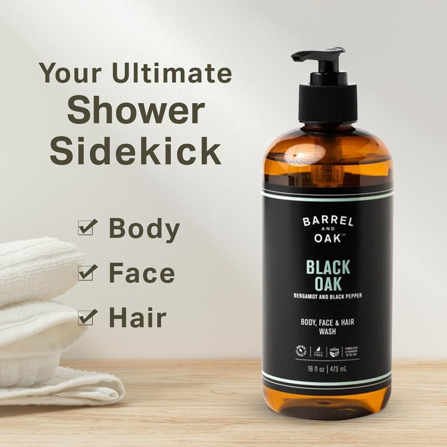 Barrel & Oak All-in-One Wash for Face, Hair, & Body, Vegan & Hydrating Face, Shampoo and Body Wash for Men, Grooming Kit Gifts for Men, Black Oak, 16 oz
