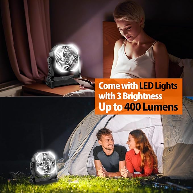 20000mAh Camping Fan, Rechargeable Portable Fan with 400 Lumes Light, 360° Rotatable Hook, 270° Pivot, 4 Speeds, 58Hrs Battery Powered for Tent Car Trip Outdoor BBQ Hurricane Power Outages