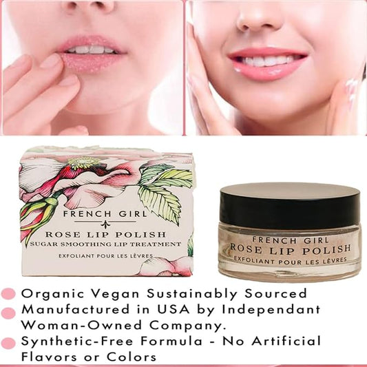French Girl Rose Lip Scrub - Organic Sugar Scrub For Lips, Hydrating Lip Exfoliator & Moisturizer with Shea Butter & Essential Oils, Treatment for Dry Lips, Clean, Vegan & Cruelty-Free, 1oz