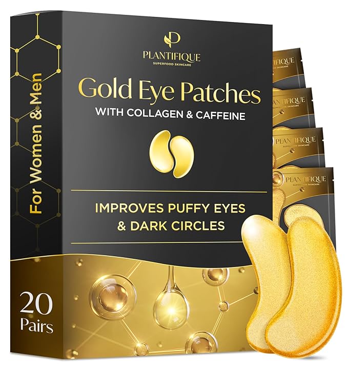PLANTIFIQUE Gold Under Eye Patches for Puffy Eyes and Dark Circles 20+5 Pairs Under Eye Masks for Dark Circles and Puffiness Eye Gels with Collagen & Caffeine Anti Aging Gold Eye Mask Skincare