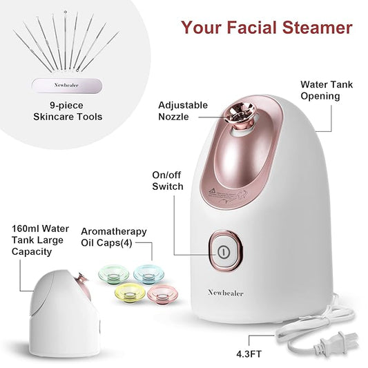 Newbealer Facial Steamer, Mini Aroma Face Steamer, Nano Ionic Hot Mist Face Humidifier for Facial Deep Cleaning, Home Sauna Spa Sprayer with 9 Pieces Acne Remover Kit (White-Gold, 160 ml)