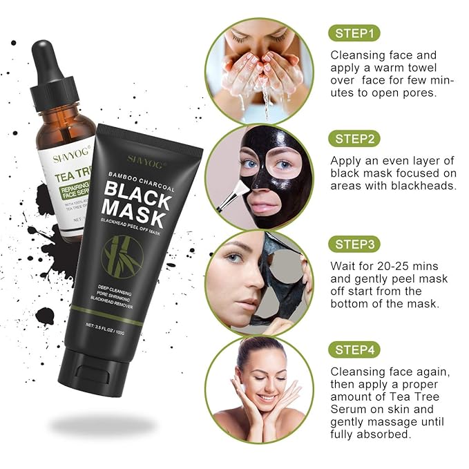 SHVYOG Blackhead Peel Off Face Mask, 3-in-1 Blackhead Remover Mask with Brush & Tea Tree Oil Serum, Charcoal Mask for Deep Cleansing Dirts, Pores, Skin Oil (100g+30ml)