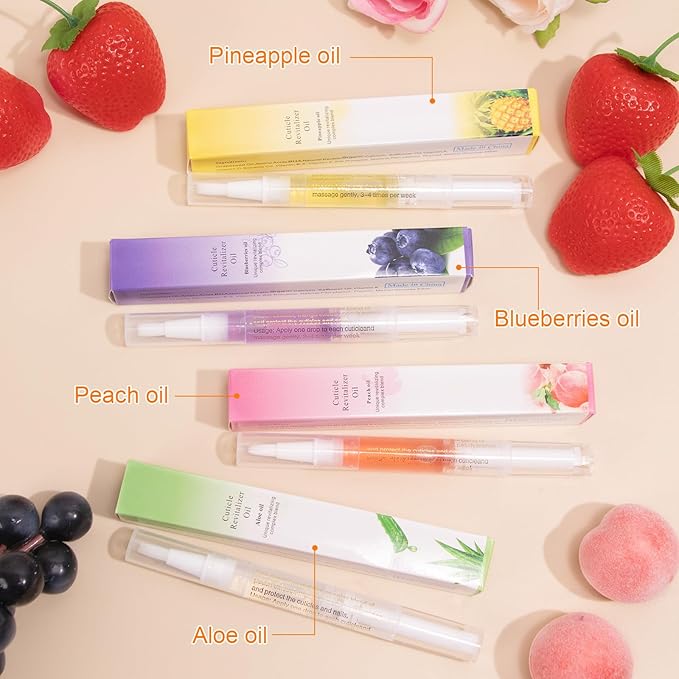 Meschett Cuticle Oil Pens with Nail File for Nail Care, 4PCS Nail Pen Oil with Natural Ingredients, Fingernails and Toenails Oil Cuticle for Repairing Cracked(Mix Flavors)