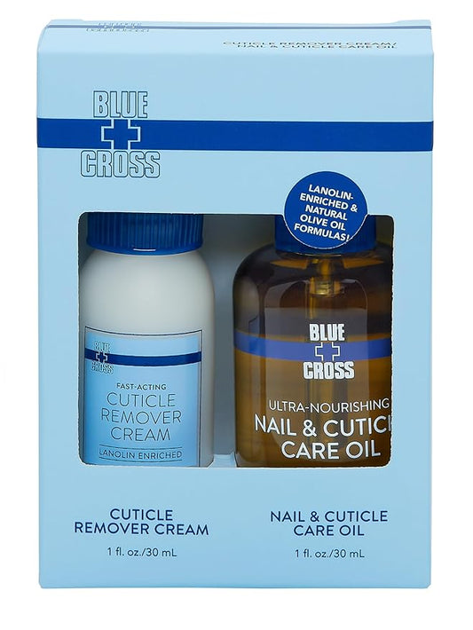 Blue Cross Cuticle Remover Cream 1oz + Professional Nail Care Oil for Dry Damaged Cuticles 1oz, 2 Pack Gift Set, Made in USA