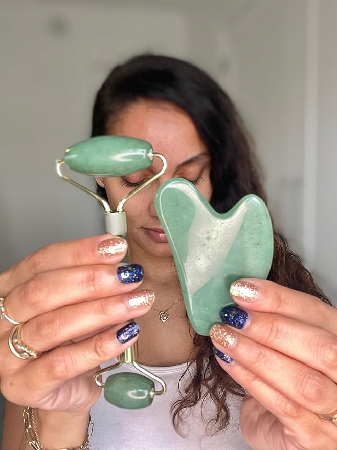 ROSELYNBOUTIQUE Gua Sha Facial Tools & Face Roller for Wrinkless Natural Skincare Tool Jade Roller Guasha Tool for Face Facial Massager (Aventurine)