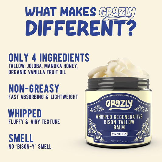 Whipped Bison Tallow Balm w/Manuka Honey, Jojoba, Organic Vanilla - Grass-Fed & Finished Organic Tallow Face Moisturizer - Face & Body Cream for Acne-Prone Skin - Nourishing Skincare (2.5 oz)