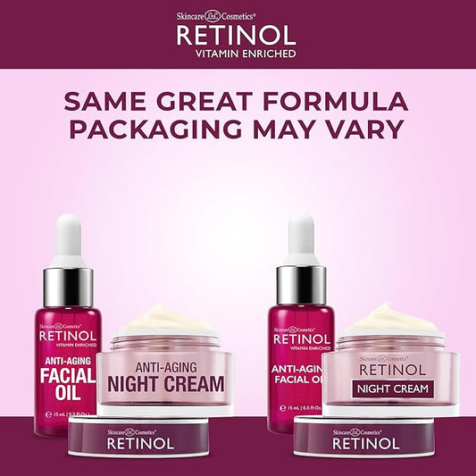 Retinol Night Cream – Works While You Sleep to Restore and Reduce Fine Lines and Wrinkles + Retinol Anti-Aging Facial Oil – With Nine Essential Oils, Restores Hydration and Nourishment