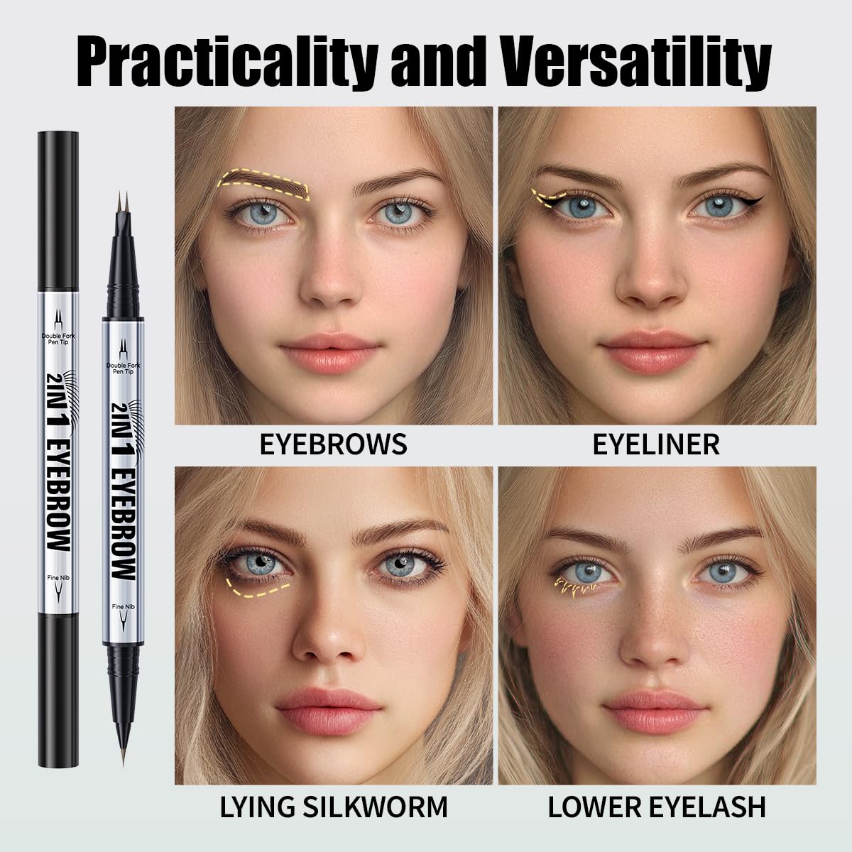 Eyebrow Pen,2-in-1 Dual-Ended Eye Brow Pencil with 2-Fork-Tip and Precise Brush-Tip, Microblading Eyebrow Pen for Waterproof Long Lasting Natural Hair-Like Brows (Black Brown)