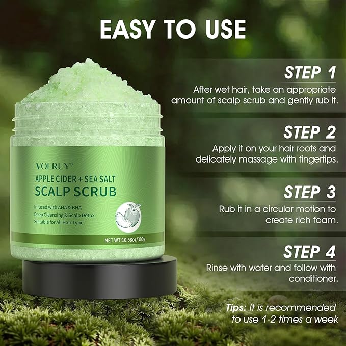 Apple Cider Scalp Scrub, 2-in-1 AHA & BHA Scalp Exfoliator Shampoo, Detox Treatment with Sea Salt, Clarify and Remove Build Up with Silicone Scalp Massager, 10.6oz/300g
